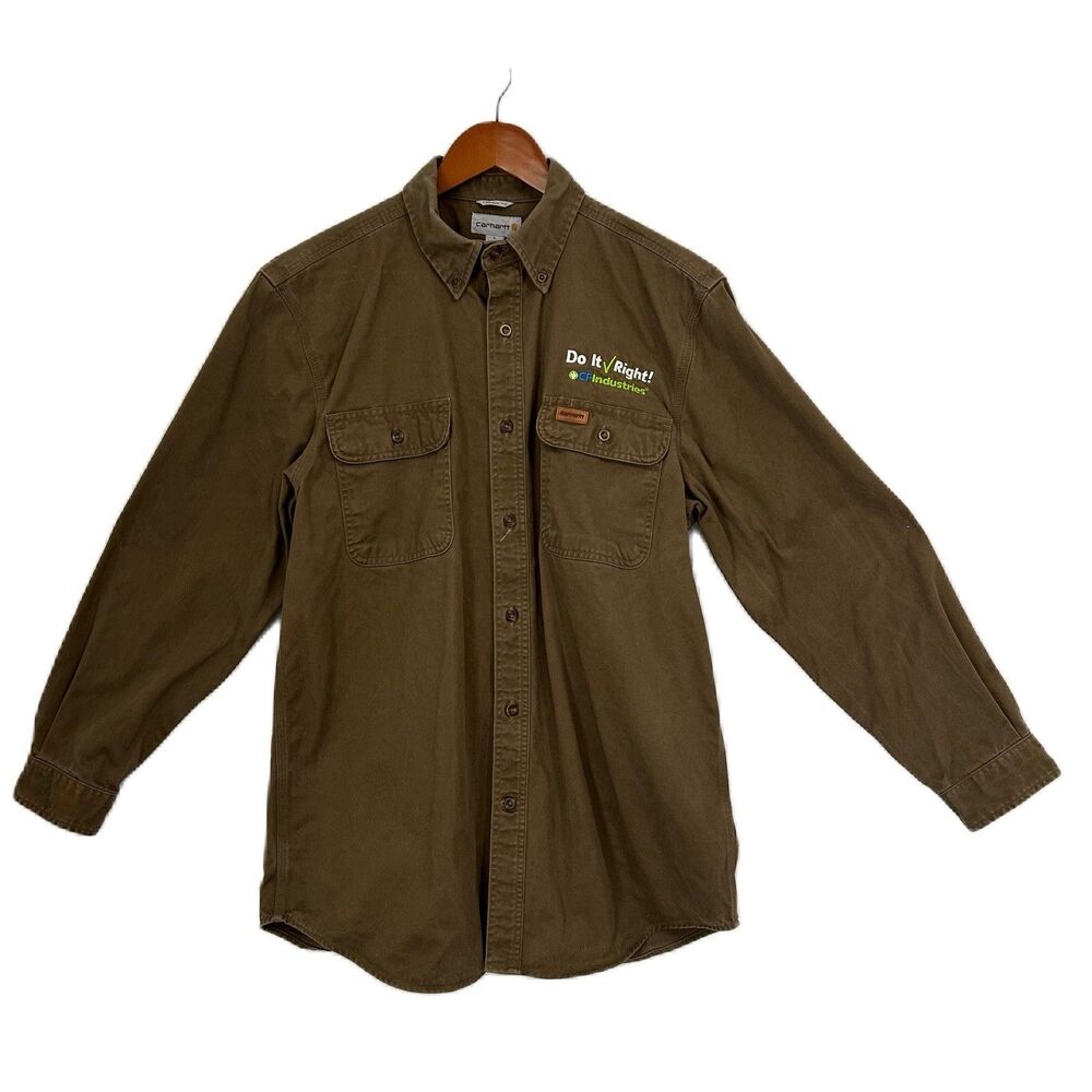 Carhartt Shirt Men L Brown Original Fit Button Up Cotton Logo Pocket Work Chore